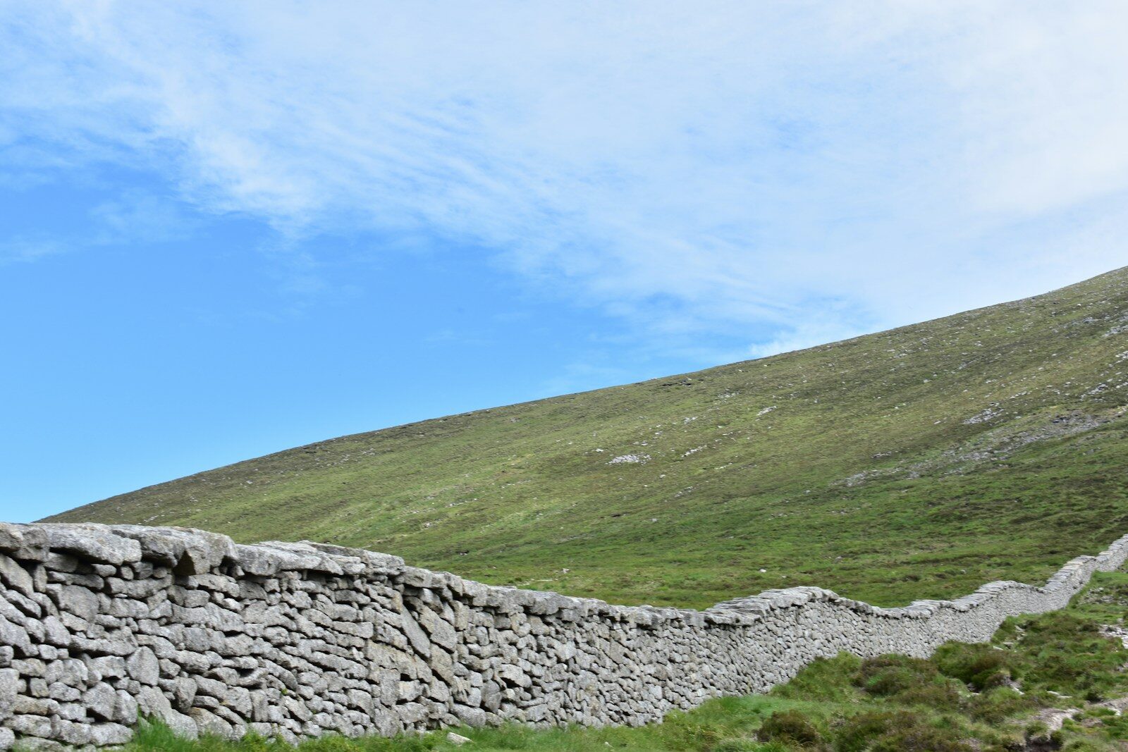 the mourne wall in front of a grassy hill